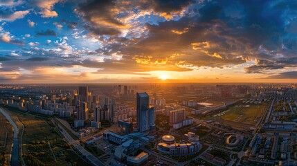 Poster - Aerial view of a city as the sun sets, with buildings and streets visible
