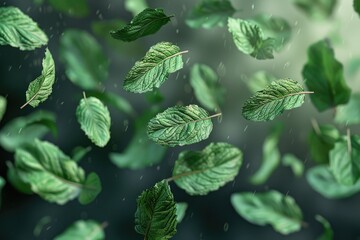 Poster - A bunch of green leaves floating in mid-air, perfect for autumn or spring themed designs