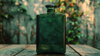 Poster - A single green glass bottle placed on a wooden table with a simple and elegant design