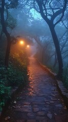 Wall Mural - Mysterious foggy forest path at night with glowing streetlights