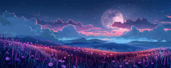 Wall Mural - fabulous purple flowers on the field in the moonlight in the clouds. vector simple illustration