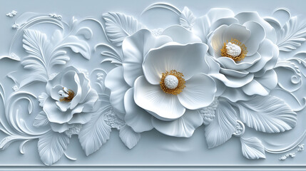 Wall Mural - Rococo floral relief in white and gold showcasing intricate detailing and elegance