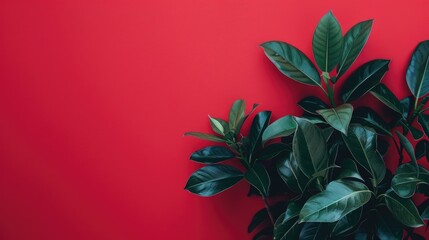 Poster - A plant with green leaves growing against a red wall