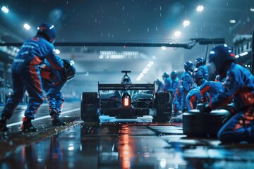 a group of mechanics working together to tune up and prepare a high-performance racing car for compe