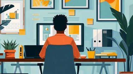 Poster - A person sits at a desk in a modern home office, focused on their work while surrounded by plants, bright decor, and organized sticky notes. The atmosphere is vibrant and inviting.