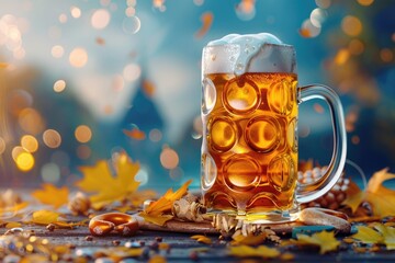 Poster - A mug of beer sits on top of a wooden table, ready to be enjoyed