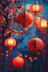 Poster - A bunch of red lanterns suspended from a tree branch, creating a warm and cozy atmosphere