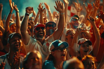 Wall Mural - Masses of people raising their hands in unison, possibly in celebration or protest