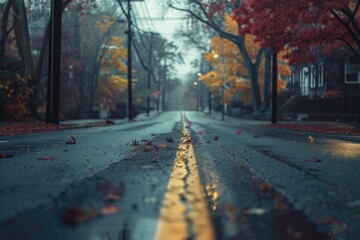 Wall Mural - A rainy day street with a yellow line marking the center, suitable for use in urban scenes or transportation images