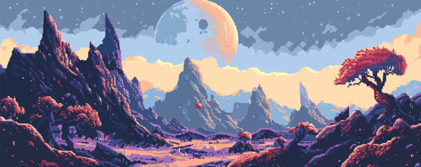 Wall Mural - create pixel art of an alien planet landscape, pixel art on white isolated background, vector design