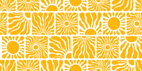 sun groovy seamless pattern. various yellow floral hippie square elements, hand drawn abstract wavy 