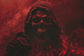 Poster - A person wearing a hooded jacket with a skull design on their face, ideal for use in dark or mysterious themed designs