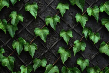 Wall Mural - On the building or fence wall in the background, natural green ivy leaves grow.