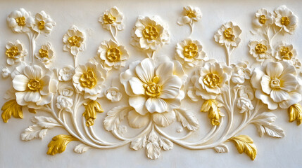 Elegant Rococo floral relief design in white and gold showcasing intricate craftsmanship and style