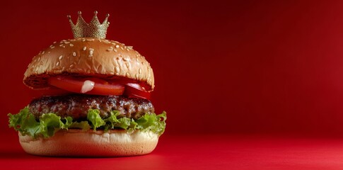 Wall Mural - KING OF HAMBURGERS concept, a regal hamburger with a regal crown against a vivid red studio background