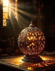 A richly decorated antique lamp casting warm, glowing light in a dark, moody interior. The intricate metalwork and elaborate patterns create a vintage and elegant atmosphere filled with history and