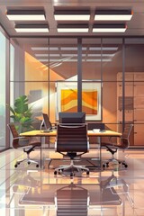 Poster - A typical office setting with a desk, chairs and a painting on the wall