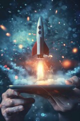 Poster - A person holds a tablet computer as a rocket blasts off from the screen