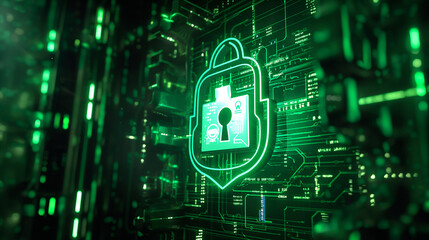 A futuristic digital lock symbol glowing in green on a circuit board, cybersecurity and data protection technology.
