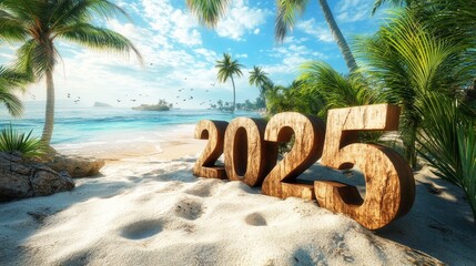 Wall Mural - A tropical beach signs the letter 2025, New Year 2025, Career Path, Business Strategy, Opportunity and Change