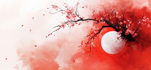 Wall Mural - An oil painting style illustration of a plum flower branch blossoming against the sunset in summer