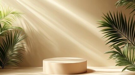 Wall Mural - An empty square podium mockup :  Background of ivory pastel with shadow of tropical palm leaves and light