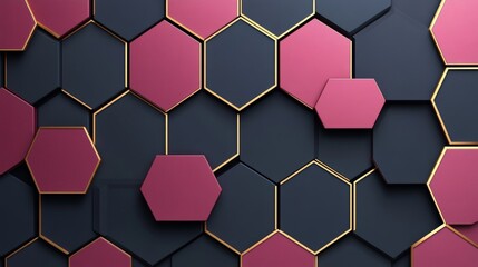 Poster - Abstract Background, 3D Geometric Hexagon Pattern in Burgundy, Crimson Red, and Gold Accents