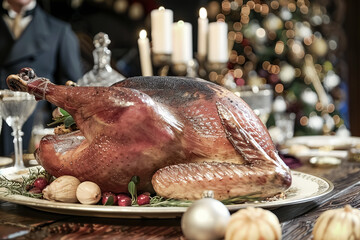 Traditional roasted turkey for Christmas dinner on a wooden table in a restaurant. Greeting card template with copy space.