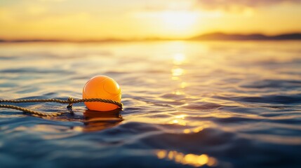 The serene ocean view with rippling waves and floating buoy at sunset reflects a peaceful maritime scene with vibrant orange and blue colors.