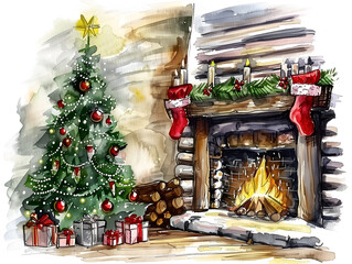 Wall Mural - Cozy Christmas interior watercolor illustration featuring a decorated tree and a warm fireplace