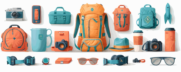 Travel gear on a clean white surface. Vector flat isolated illustration.