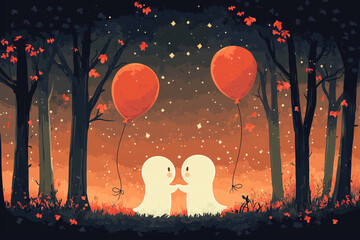 Two adorable ghosts with red balloons in an autumn forest