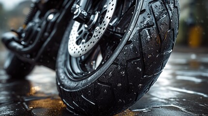 Close-up of a Wet Motorcycle Tire