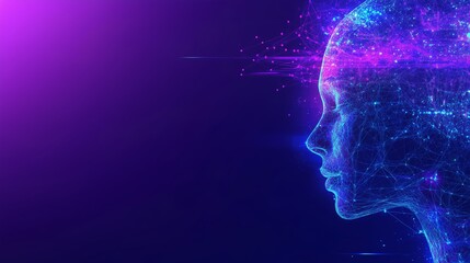 Poster - digital representation of a female head with glowing neon elements illustrating artificial intellige