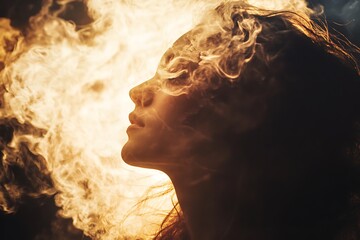 Canvas Print - Woman's face obscured by fire,  mystical, surreal, spiritual awakening concept photo