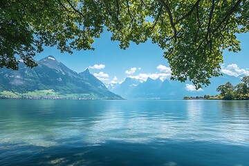 Canvas Print - Scenic Lake and Mountain View with Lush Greenery and Blue Sky