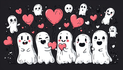 happy ghosts with pink hearts smiling on a black background. Halloween or Valentine's day theme