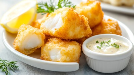 Wall Mural - Fresh parsley, lemon wedges, and tartar sauce accompany golden fried fish fillet.