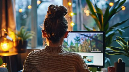 Aufkleber - A woman sits at her desk, focused on her computer screen, as warm lights and indoor plants create a cozy atmosphere on a chilly autumn evening.