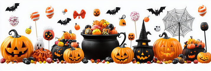 set of witch black cauldron and individual halloween sweet candy chocolate gummy lollipop toffee app