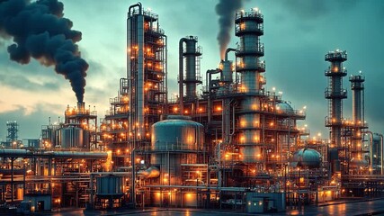 Poster - Industrial refinery at dusk with glowing lights and smoke rising into the sky