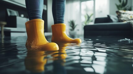 Close-up of a person wearing yellow rain boots standing in a flooded living room, highlighting water damage indoors.