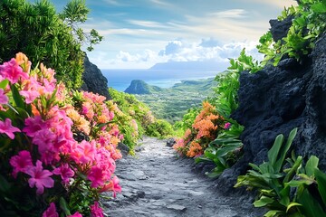 Poster - Stone path leading through lush tropical jungle with vibrant pink flowers and a breathtaking ocean view