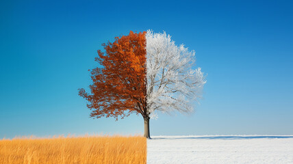 Tree divided by seasons with autumn and winter halves symbolizing the changing of seasons.