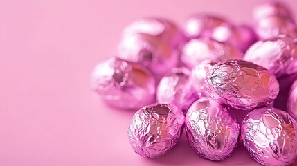 A pile of foil-wrapped chocolate eggs on a pale pink background