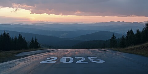 Sticker - A scenic mountain road stretches into the distance, featuring the year 2025 painted on the asphalt as the sun sets behind the hills