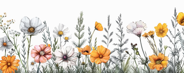 Part of field wild flowers sketch hand drawn sketch in doodle style Vector illustration