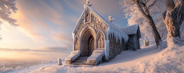 A stone chapel on a frost-covered hillside, its ancient carvings detailed with ice, offering a mystical and warm place of worship and reflection during the winter months