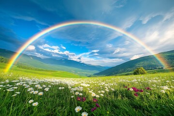 Sticker - A double rainbow arches over a green meadow filled with wildflowers, under dramatic storm clouds with golden sunlight breaking through