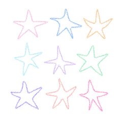 Poster - Colored chalk crayon drawn Star set. Abstract Doodle cute stars. Freehand Sketch simple art. Child Drawing doodles. Pencil texture. Element for design. Vector illustration